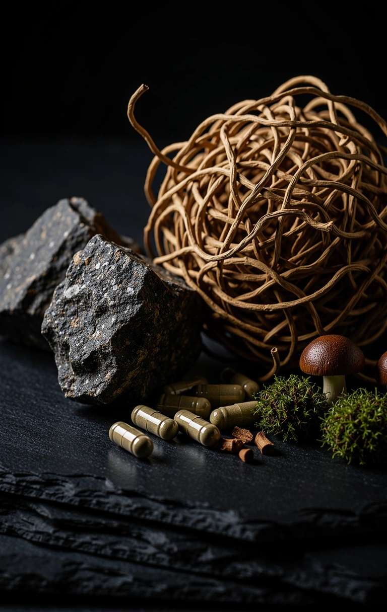 Macro photography of raw botanical minerals and roots